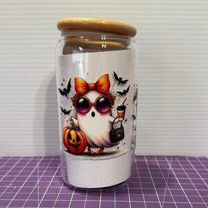 Cute Ghost Halloween Glass Tumbler with Lid and Glass Straw